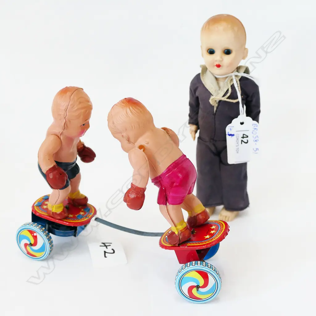 PR PLASTIC TOY BOXER DOLLS ON CARRIAGE L. 150MM & HARD PLASTIC SAILOR DOLL W SLEEPING EYES H. 155MM Image 1++